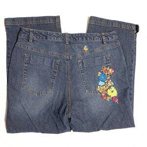 Vtg 90s Y2K CJ Blue Embroidered Capri Jeans Size 10 Boho‎ Hippie Floral Flowers